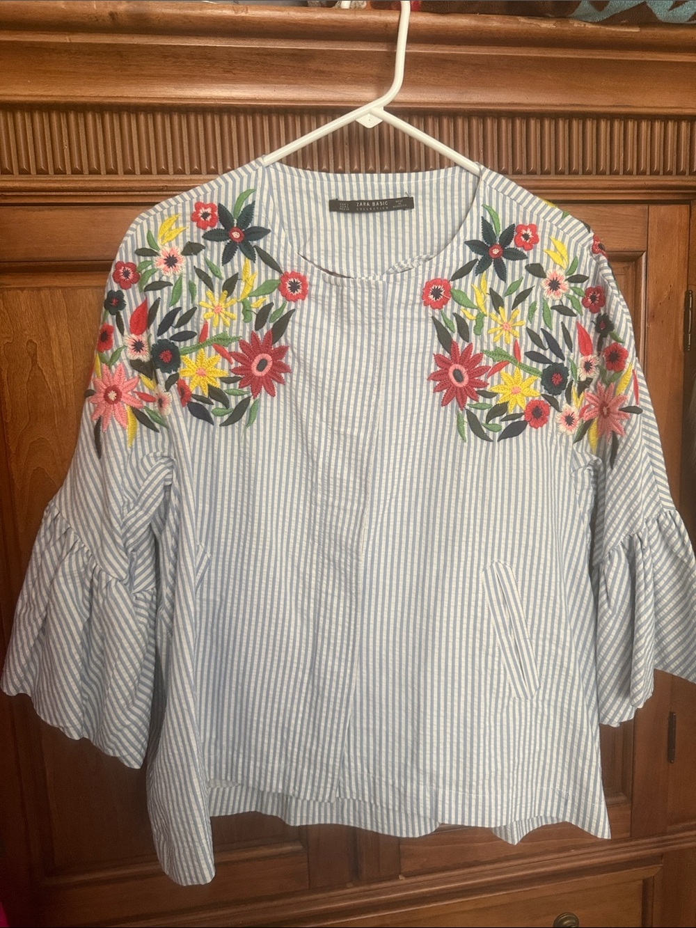 Zara Light Blue Striped Top with Multicolor Floral Embroidery